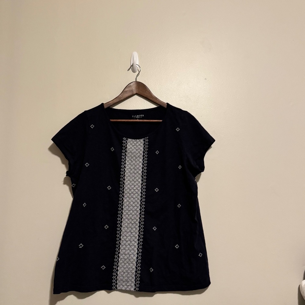 Talbots Woman Navy Blue Embroidered Short Sleeve T Shirt Size X Cotton Basics